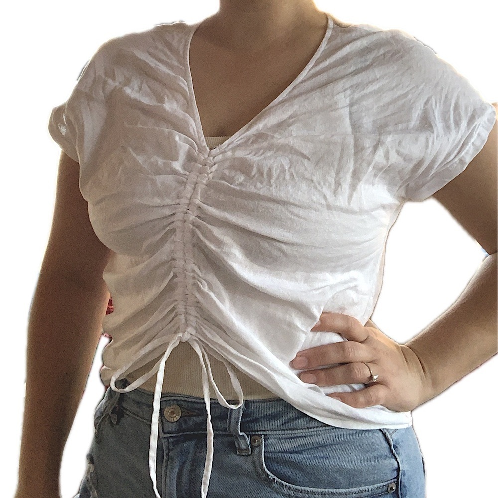 Cynthia Rowley 100% Linen White Ruched Drawstring Cropped Top Shirt Blouse S